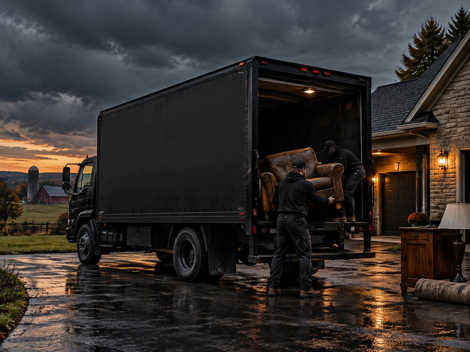 Junk Begone Pros crew loading old furniture into a black box truck at dusk in Walworth County, Wisconsin